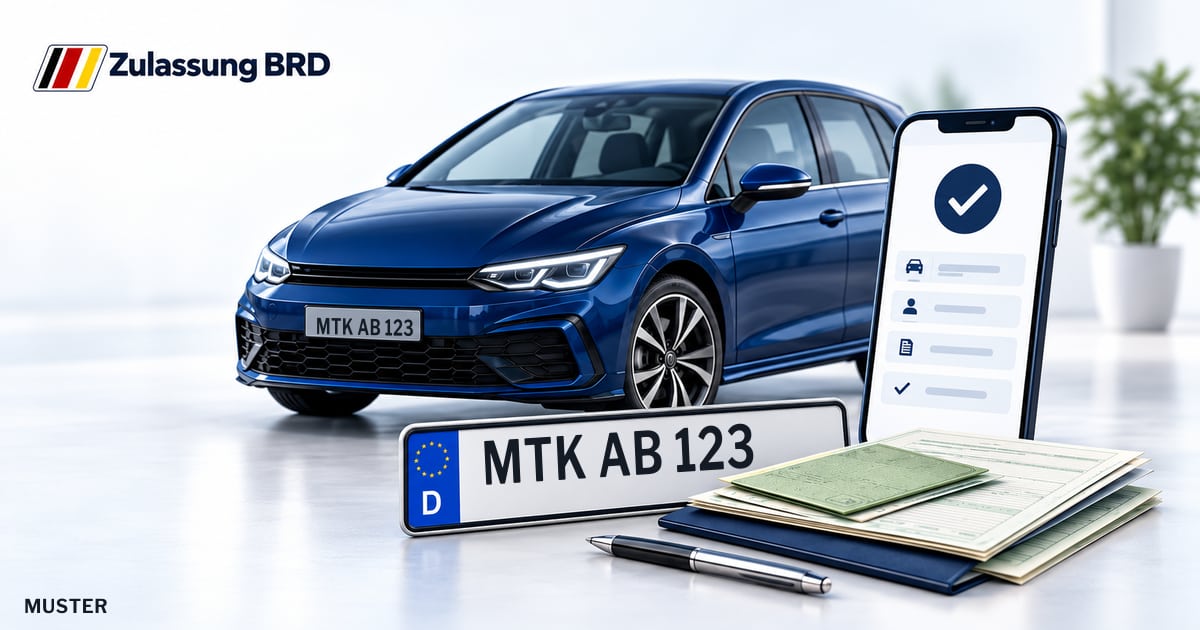 Online Fahrzeugzulassung in Hattersheim am Main: Musterkennzeichen MTK AB 123, Auto und Fahrzeugpapiere und Smartphone. Illustration mit Logo von Zulassung BRD.